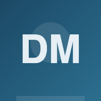 White letters DM on blue background with circular design element