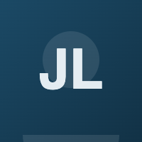 White letters "JL" centered inside a dark teal circle on blue background