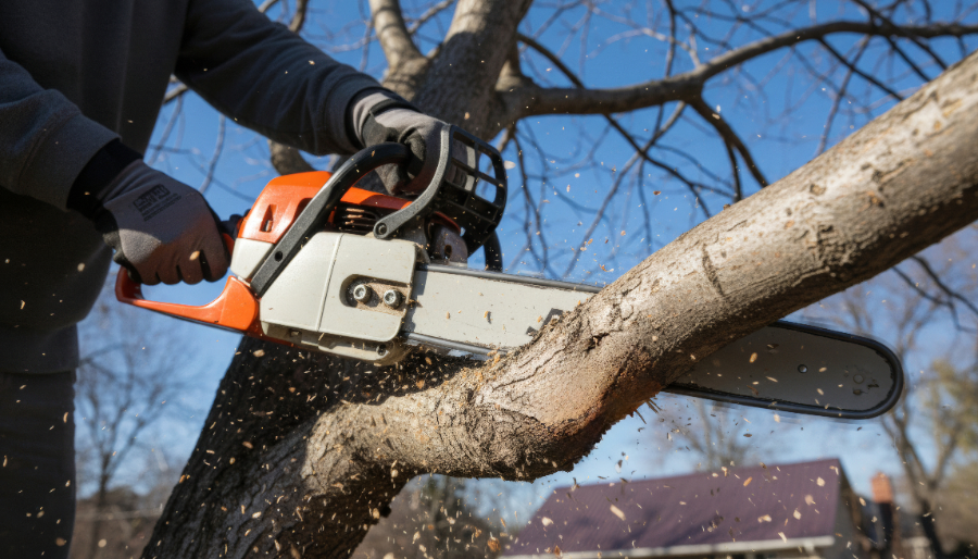 Worker using chainsaw to cut tree branch outdoors